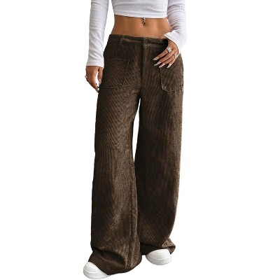 Coolmee Women's Vintage Corduroy High Elastic Waist Wide Leg Pocketed Pants Trouser