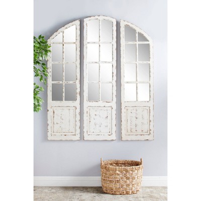 White Distressed Wood Windowpane Arched Decorative Mirror Set