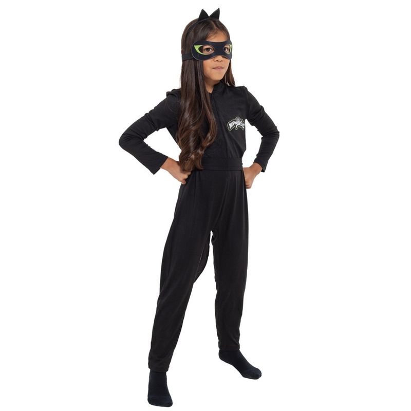 Miraculous Cat Noir Girls Zip Up Cosplay Costume Coverall Tail Mask and Headband 4 Piece Set Toddler to Big Kid, 1 of 9