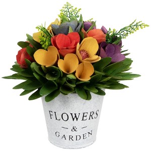 Northlight Wooden Artificial Spring Floral Arrangement with "Flowers and Garden" Pot - 8" - 1 of 4