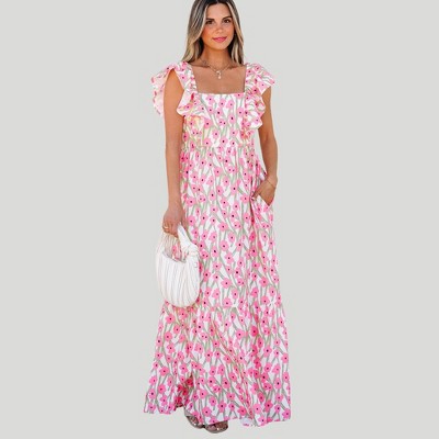 Amaryllis Women’s Smocked Midi Dress Adjustable Tie Straps Tiered Skirt Botanical Floral Print