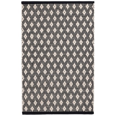 Dainty Diamond Black Handwoven Cotton Rectangular Rug, 4' x 6'