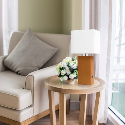 21" Tan Faux Leather Base Modern Nightstand Lamp with USB Port