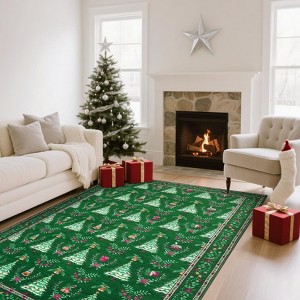 Christmas Area Rug, Xmas Tree Print Foldable Carpet with Non Slip Backing, Low Pile Stain Resistant Floor Carpet for Living Room, Bedroom - 1 of 4