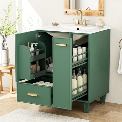 Chic Crate-24" Modern Bathroom Vanity – Sink & Deep Drawer | 2-Tier Pull-Out Basket | Solid Wood Frame | Green