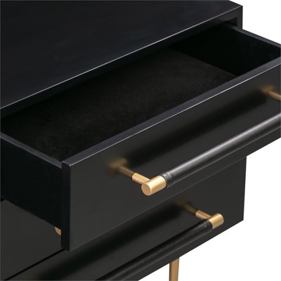 Trident Black Acacia Wood 3-Drawer Nightstand with Brass Accents
