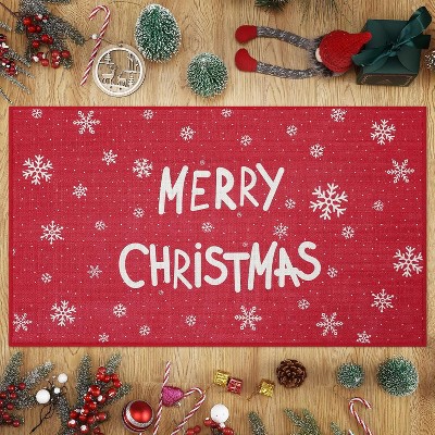 Christmas Snowflake Front Doormat, Washable Non-Skid Dirt-Resistant Entry Welcome Area Rug for Bedroom Living Room Kitchen Nursery, Red 17x29in
