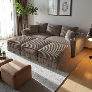 82.7" Plush Corduroy Convertible Sectional Sofa with Movable Ottomans - 1 of 4