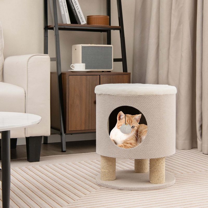 Costway 3-IN-1 Cat Condo Stool Kitty Bed with Scratching Posts & Plush Ball Toy Beige/Grey, 5 of 11