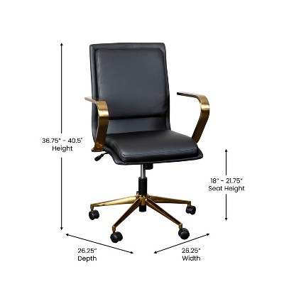 Mid-Back Executive Swivel Office Chair in Brushed Gold and Black Leather