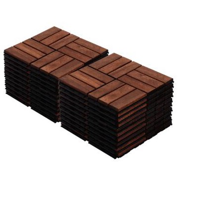 Acacia Wood Interlocking Deck Tiles - 12"x12" Brown Checker Pattern Outdoor Flooring for Patio, Balcony & Poolside