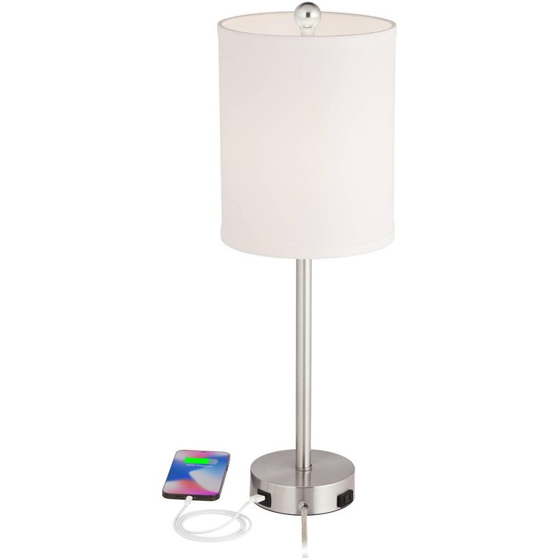 360 Lighting Trotter Modern Table Lamps 23 3/4" High Set of 2 Brushed Nickel with USB and AC Power Outlet in Base White Fabric Cylinder for Home Desk, 3 of 10