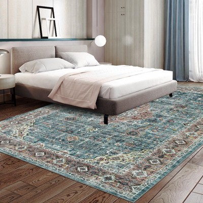 GarveeHome 9x12 Washable Vintage Area Rug, Soft Non-Slip Low Pile Floral Carpet, Traditional Green Decor for Living Room, Dining Room, Office.