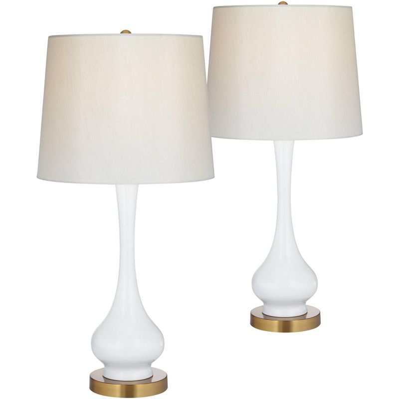 360 Lighting Mid Century Modern Table Lamps 30" Tall Set of 2 Metal White Gourd Off White Drum Shade for Living Room Family Bedroom Bedside, 1 of 9