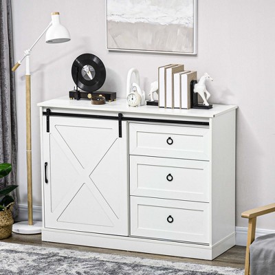 Farmhouse Chic White Kitchen Buffet Cabinet with Sliding Barn Door