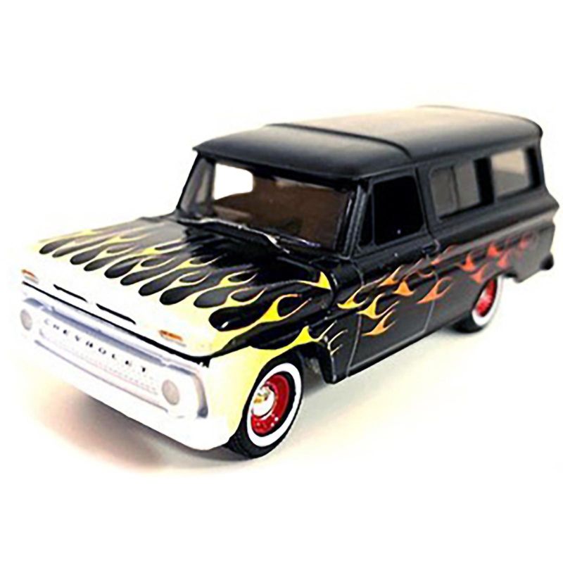 1965 Chevrolet Suburban Custom Matt Black with Flames Limited Edition to 3600 pieces 1/64 Diecast Model Car by Auto World, 2 of 4