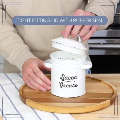 AuldHome Design White Bacon Grease Container, Enamelware Can w/ Strainer, Farmhouse Style Kitchen Storage — фото 8