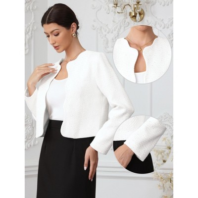 INSPIRE CHIC Women's Tweed Long Sleeve Crew Neck Open Front Work Business Cropped Blazers Large White — фото 2