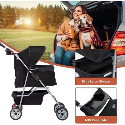 Black 4-Wheeled Folding Pet Stroller with Mesh Windows