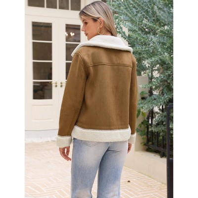 INSPIRE CHIC Women's Faux Shearing Thick Fur Winter Warm Lined Faux Leather Jacket Large Brown — фото 3