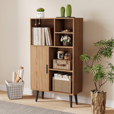 4 Tier Mid-Century Small Bookcase with Legs, Freestanding Wood Short Bookshelf with Door