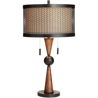 Franklin Iron Works Rustic Farmhouse Table Lamp with Table Top Dimmer Bronze Cherry Wood Finish Double Drum Shade for Living Room