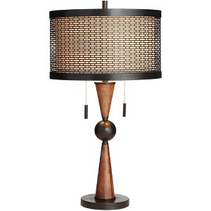 Franklin Iron Works Hunter Rustic Farmhouse Table Lamp with Table Top Dimmer 29 3/4" Tall Bronze Cherry Wood Metal Double Drum Shades for Bedroom Kids - 1 of 4