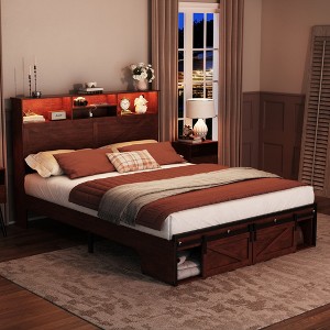 CIPACHO Brown Farmhouse Full Size Bed Frame with Storage Headboard Charging Station - 1 of 4