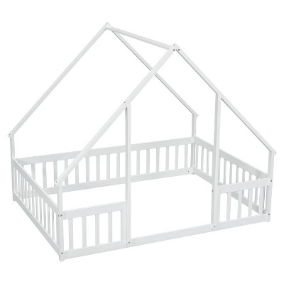 Dolonm,Wood House-Shaped Floor Bed with Fence, Guardrails ,White