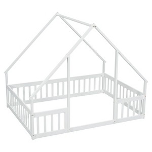 Dolonm,Wood House-Shaped Floor Bed with Fence, Guardrails ,White - 1 of 4