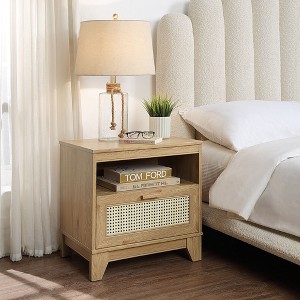 Sapphtopaz Modern Cane Nightstand with Drawer & Open Shelf Versatile Bedside Table with Wood Legs & Handle Side Table for Bedroom, Living Room - 1 of 4