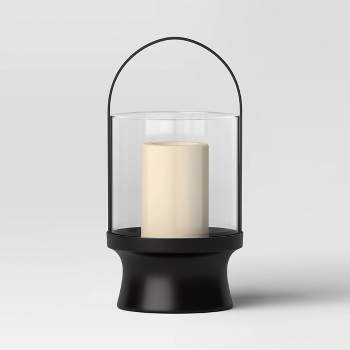 Modern Metal and Glass Battery LED Pillar Candle Outdoor Lantern Black - Threshold™