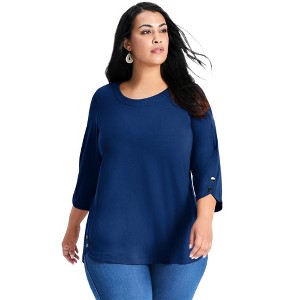 Avenue Women's Plus Size Sabrina Button Detail 3/4 Sleeve Top - 1 of 4