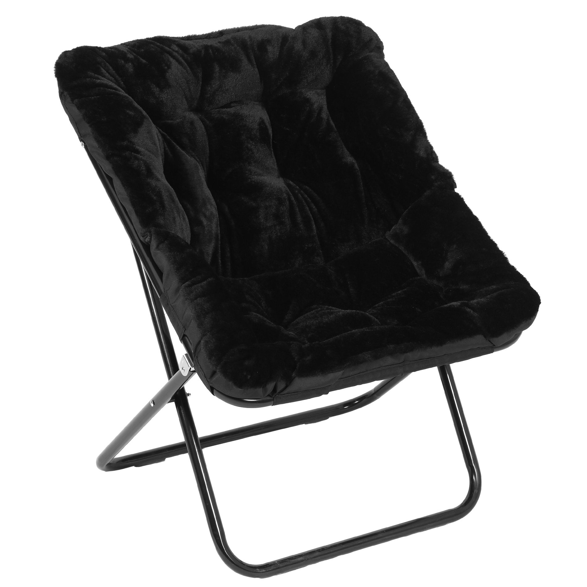 Emma and Oliver Oversized Faux Fur Folding Saucer Chair for Dorm, Bedroom, Black Faux Fur/Black Frame