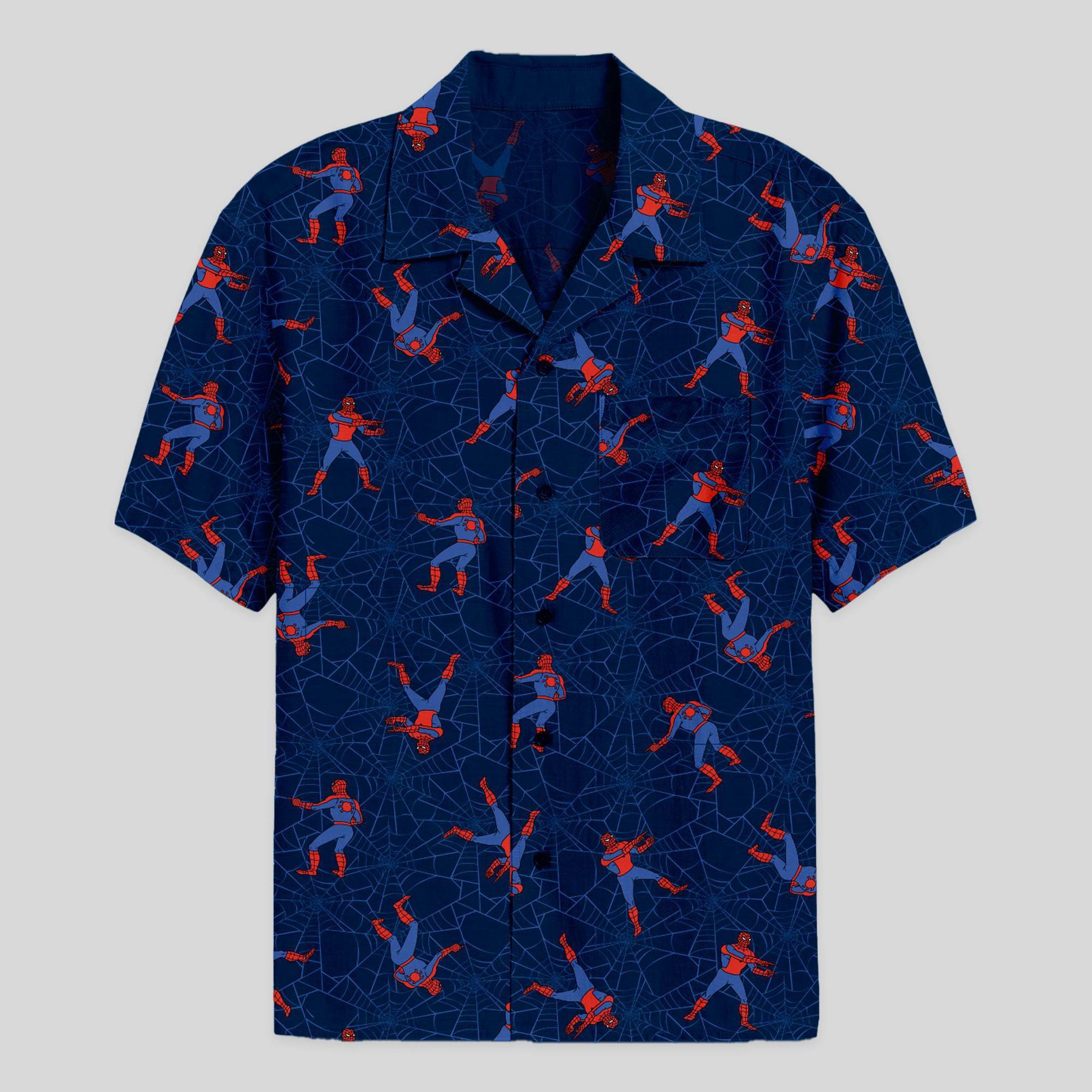Men's Spider-Man Short Sleeve Button-Down Shirt - Navy Blue