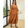 Women Plus Size V Neck Wrap Maxi Dress High Waist Ruffle Summer Casual Dress with Belt Long Sleeve,navy blue yellow flower - 3 of 4