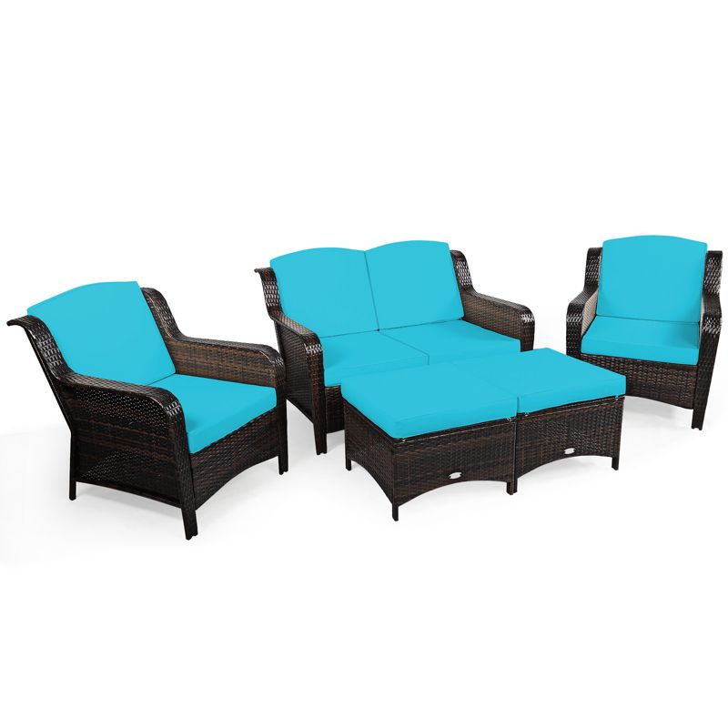 Tangkula 5 PCS Patio Rattan Sectional Sofa Set Outdoor Furniture Conversation Set Cushioned Loveseat Sofa Ottoman, 1 of 10