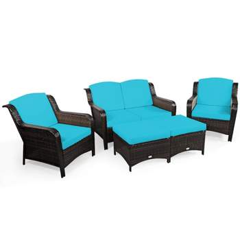 Tangkula 5 PCS Patio Rattan Sectional Sofa Set Outdoor Furniture Conversation Set Cushioned Loveseat Sofa Ottoman