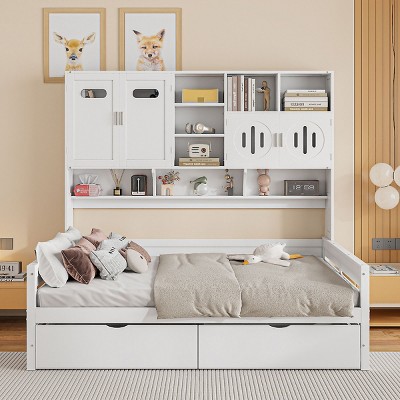 Full Size Platform Daybed, Storage Bed with Built-in Cabinet and Shelf and Drawers, Wood Frame Bookcase Bed for Bedroom-Baofuwish