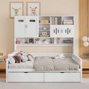 Full Size Platform Daybed, Storage Bed with Built-in Cabinet and Shelf and Drawers, Wood Frame Bookcase Bed for Bedroom-Baofuwish - 1 of 4