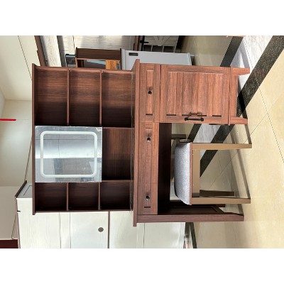 42'' Large Makeup Vanity Set, Farmhouse Vanity Desk with Lighted Mirror, Clear Glass Tabletop & Stool, Wood Dressing Table for Bedroom