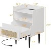 Set of 2 Modern White Bedside Tables with Integrated Charging Station, Rattan Drawers, 2-Tier Storage, and Solid Wood Legs for Bedroom - 3 of 4