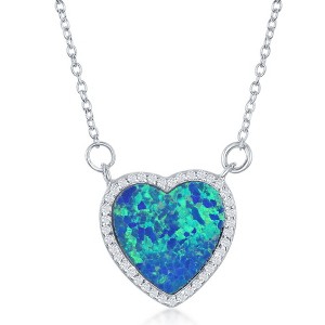 Opalata Sterling Silver Blue Inlay Opal Heart with CZ Border Necklace - Blue - 16+2 Inch - 1 of 2