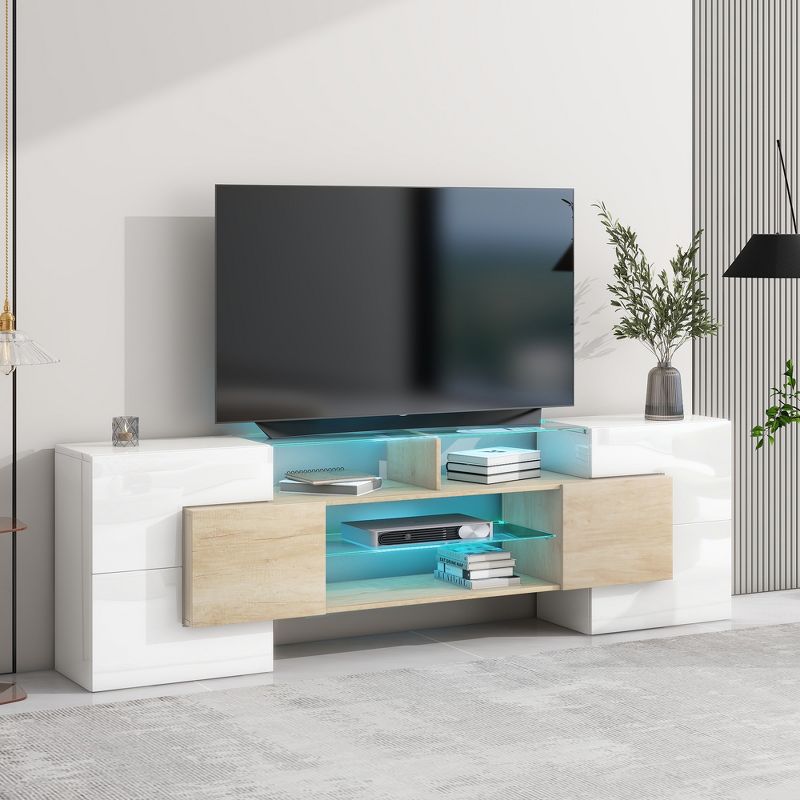 Versatile TV Stand for TVs up to 80" with 2 Lighted Glass Shelves and LED Color Changing Lights - ModernLuxe, 1 of 13