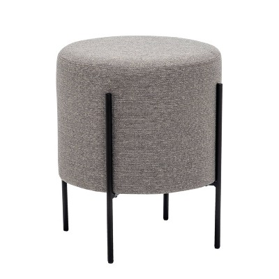 Gray Round Upholstered Ottoman with Black Metal Base