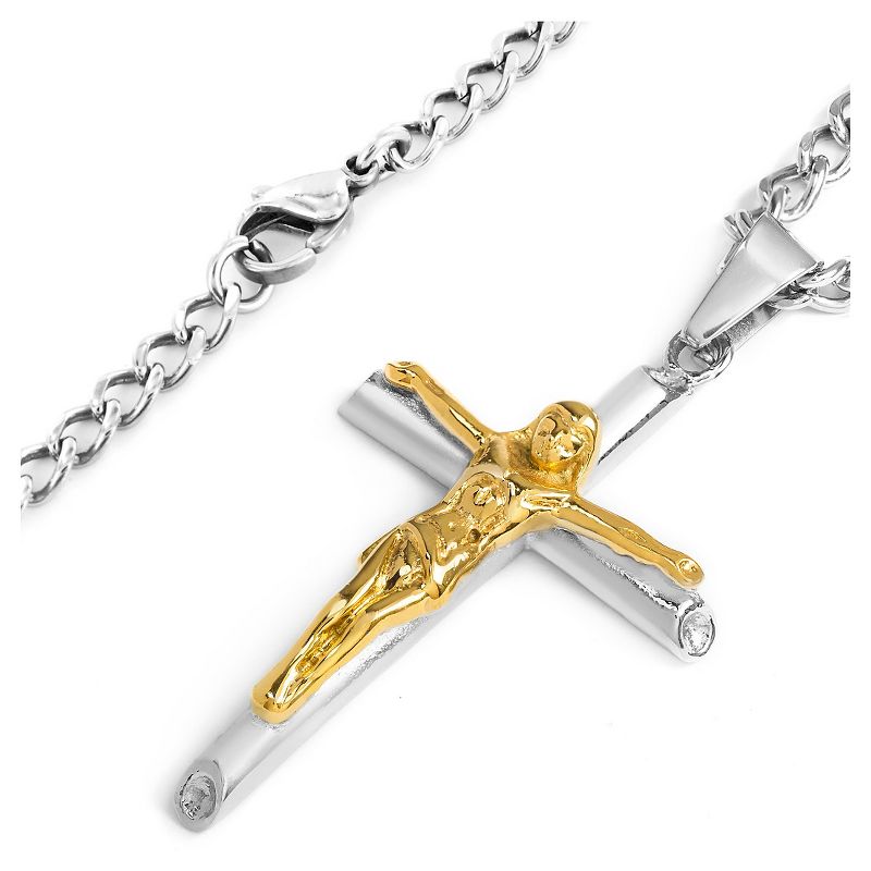 Men&#39;s West Coast Jewelry Two-Tone Stainless Steel Crucifix Cross Pendant Necklace, 2 of 4