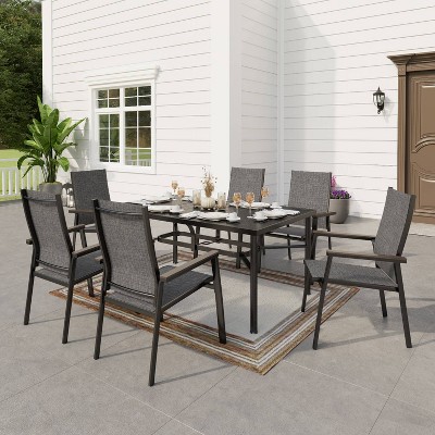 7pc Outdoor Dining Set with Aluminum Chairs & Large Rectangle Metal Table with Umbrella Hole - Gray - Captiva Designs