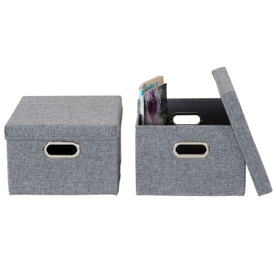 Gray Linen Collapsible Stackable Storage Boxes with Lids, 2 Piece Set