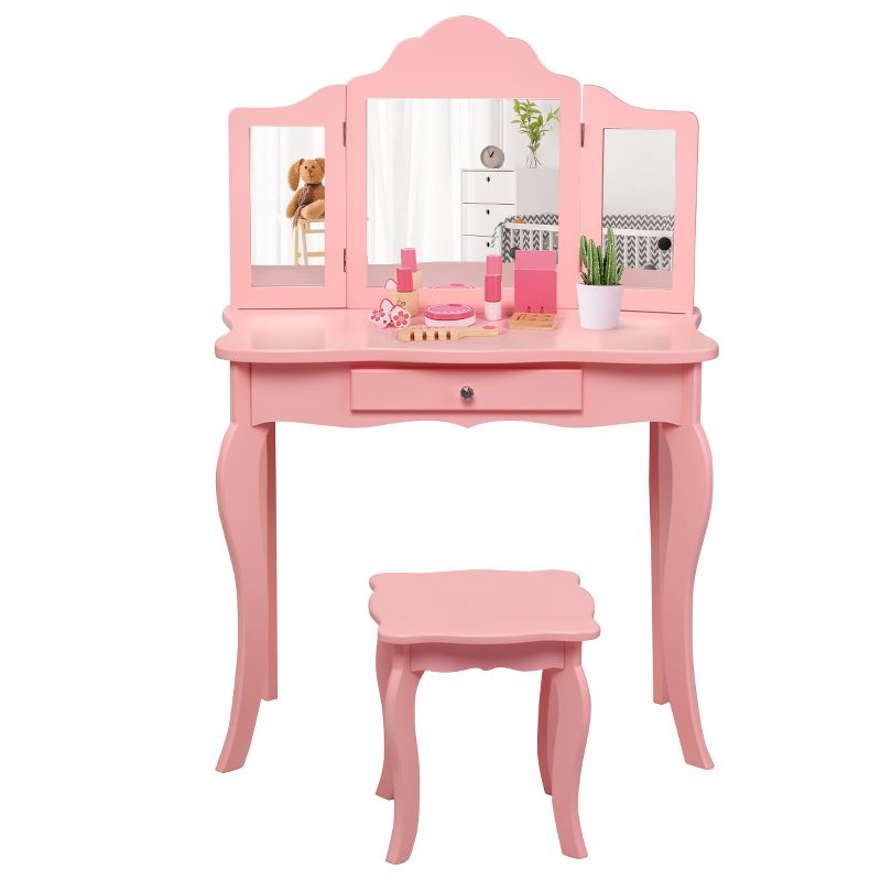 Tangkula Wooden Vanity Table with Triple Folding Mirror & Stool for Kids Pink, 5 of 9