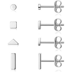 Sterling Silver Geometric Stud Earring Set - 4 Pairs of Tiny Circle, Triangle & Bar Studs, Hypoallergenic Cartilage Earrings - 1 of 4